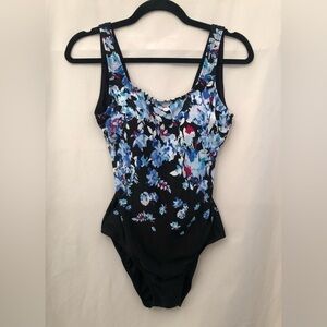 Aquabelle One Piece Bathing Suit Swimsuit Black Floral Size 8
